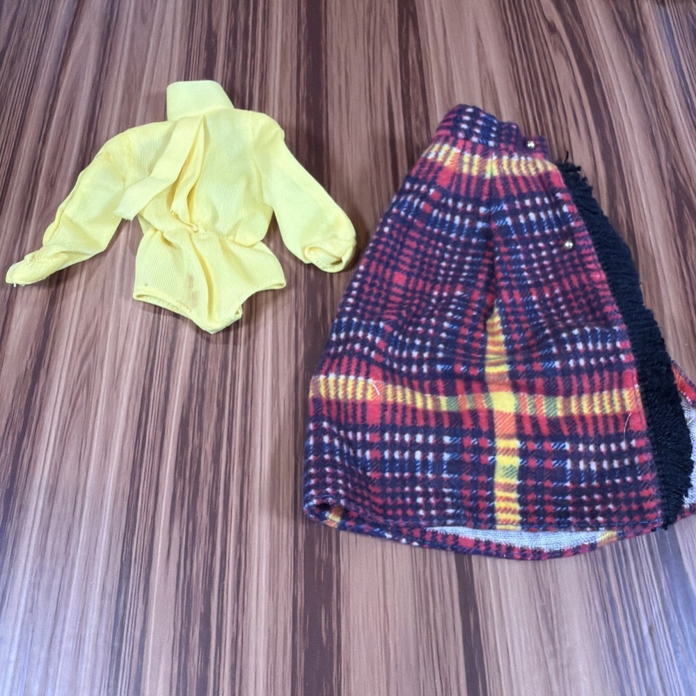 Vintage Barbie #3341 Long 'N Fringy Outfit 1972 Plaid Skirt Yellow Blouse Mod